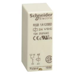 Schneider Electric RSB1A120BD PLUG-IN RELAY 250VAC 12AMP RSB +OPTIONS,(NO) AC 12ms DC 9ms (NC) AC 10ms DC 4ms,-40...85 deg.C (DC),1 C/O,1440 Ohm (AC) at 20 deg.C +/- 10 ,24 VDC,600 operating cycles/hour,IP 40 conforming to IEC/EN 60529,Plug-In Socket,Printed Circuit Board (PCB),UL Recognized Component - CSA Certified - CE Marked - RoHS Compliant,interface relay,plug-in relay