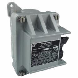 Square D 2510FR2 MANUAL STARTER 277VAC,0.75 NPT (bottom) Screw Clamp,1-Phase,16A,1HP@115/230/277VAC - 0.75HP@115/230VDC,2P,600 Vac/250 Vdc,F,NEMA 3R/7/9,Non-Reversing Manual Starter,Provides overload protection as well as manual ON/OFF control for small m