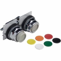 Schneider Electric 9001KR11U PUSHBUTTON OPERATOR 30MM TYPE K +OPTIONS,(2)Standard Pushbuttons,30mm Round,AC15 - DC13,K,NEMA 1/2/3/3R/4/6/12/13,No Contact Blocks,Panel,Pushbutton,UL File Number E42259 CCN NKCR - CSA File Number LR24590 Class 3211-03 - CE Marked,Universal (Contains 2 of each Black, Red, Green, Yellow, Orange, Blue and White),Water tight, Dust tight and Oil tight (Indoor/Outdoor),chromium plated metal,unmarked,maintained,non illuminated push-button